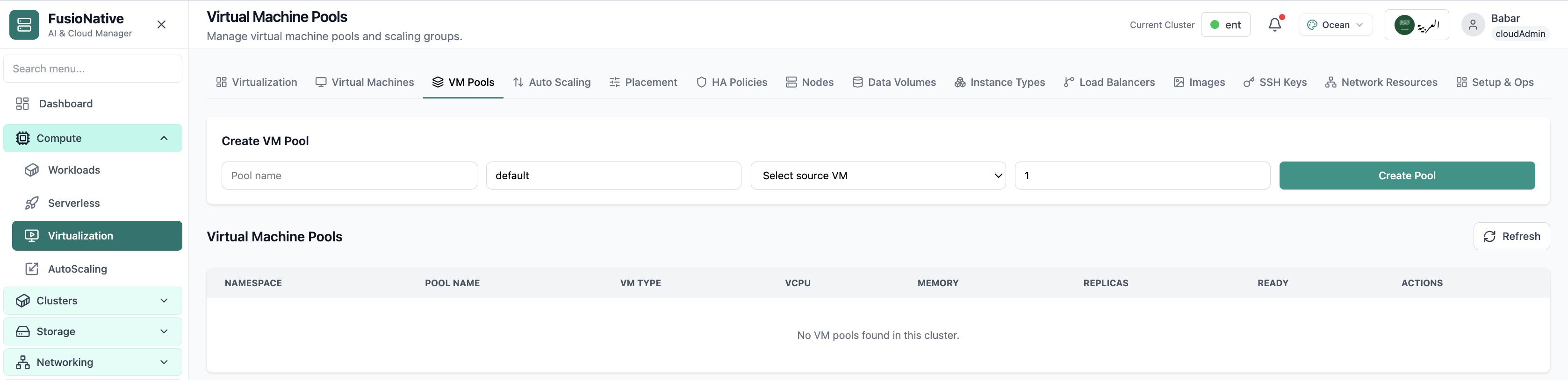 Virtual machine pools management.